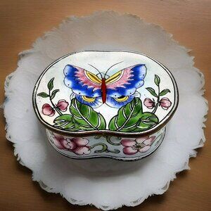 Porcelain Handpainted Enamel Trinket Box With Butterfly, Flowers Vintage Japan